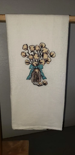 Cotton Bouquet in a Jar Embroidered Kitchen Towel