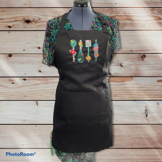 Floral Utensils Embroidered Apron