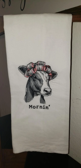 Mornin' Cow Embroidered Flour Sack / Tea Towel