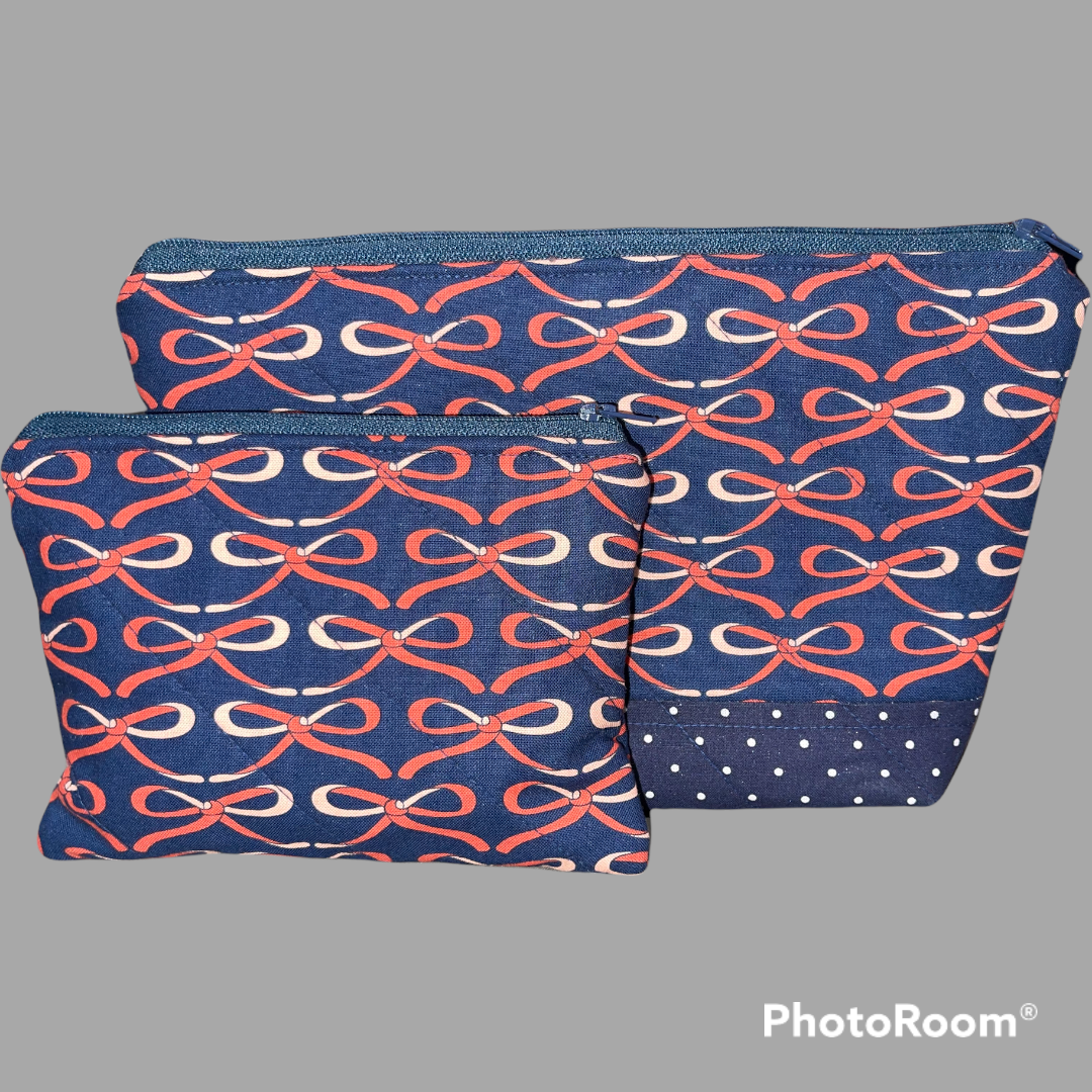 Navy Blue with Coral Bow Make Up Bag and Coin Purse Set