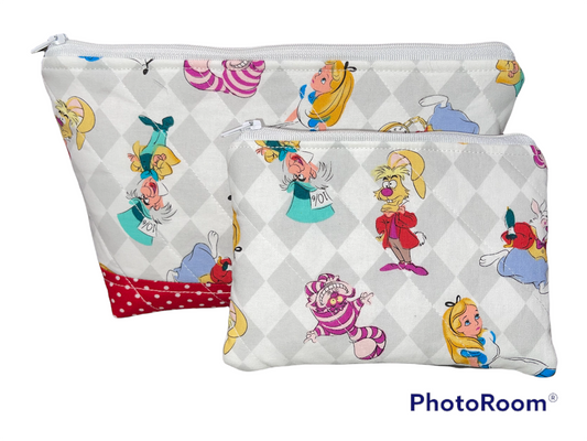 Make up Bag and Coin Purse Set Made from Licensed Alice in Wonderland Fabric