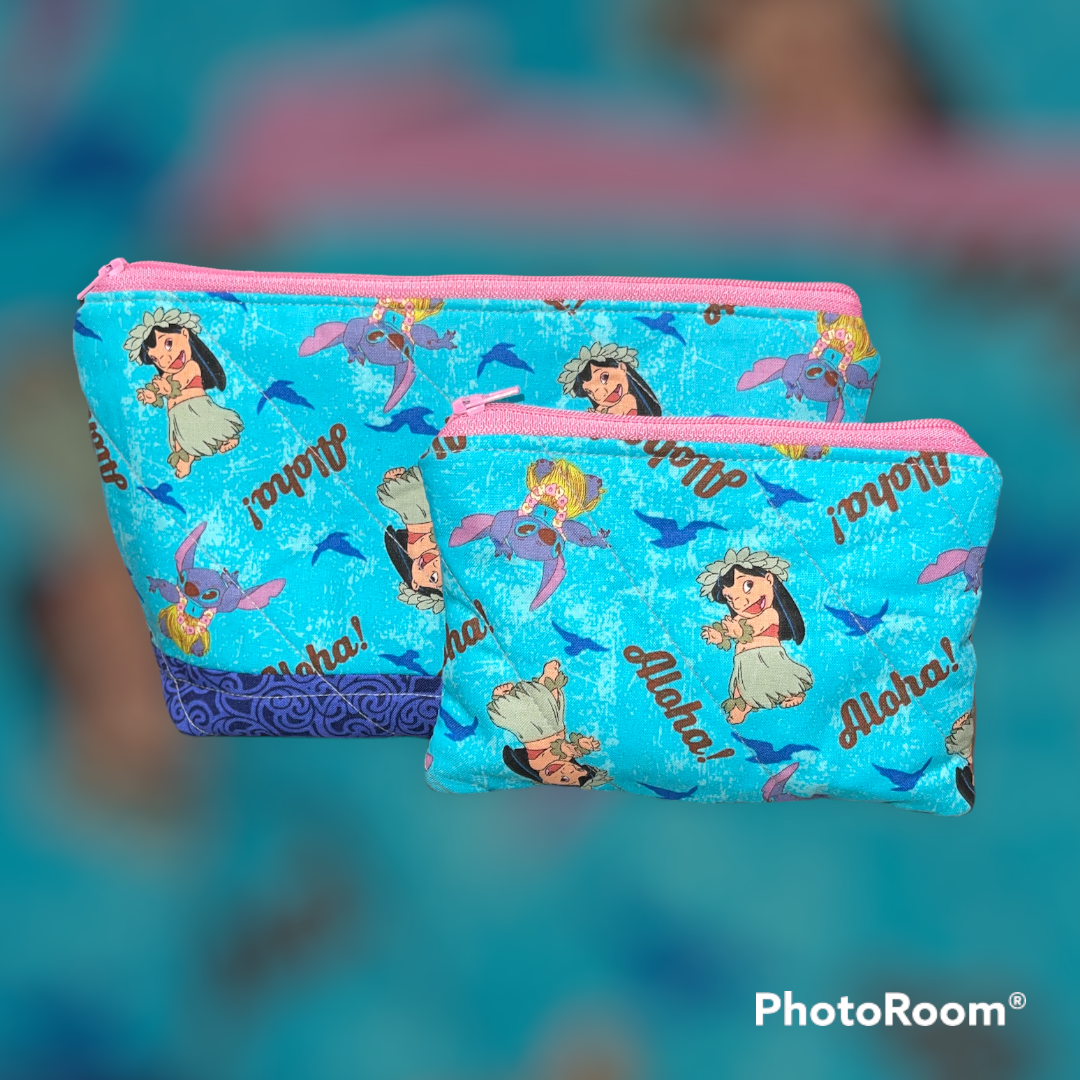 Little Girl and Alien Hula Dancers Make Up Bag and Coin Purse Set made from Licensed Disney Fabric