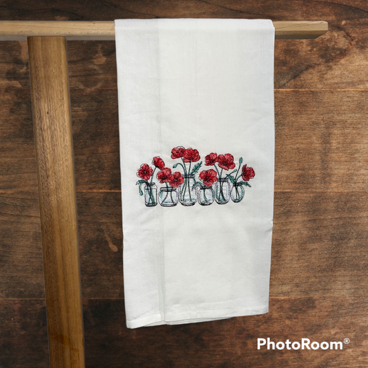 Poppies in a Jar Embroidered Kitchen Towel