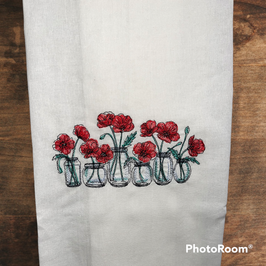 Poppies in a Jar Embroidered Kitchen Towel