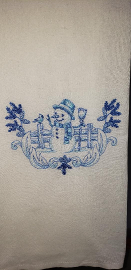 Blue Snowman Winter Scene Embroidered Towel