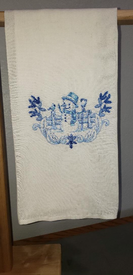 Blue Snowman Winter Scene Embroidered Towel