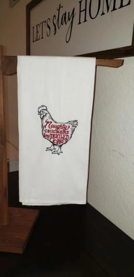 Naughty Chickens Lay Deviled Eggs Embroidered Kitchen Towel